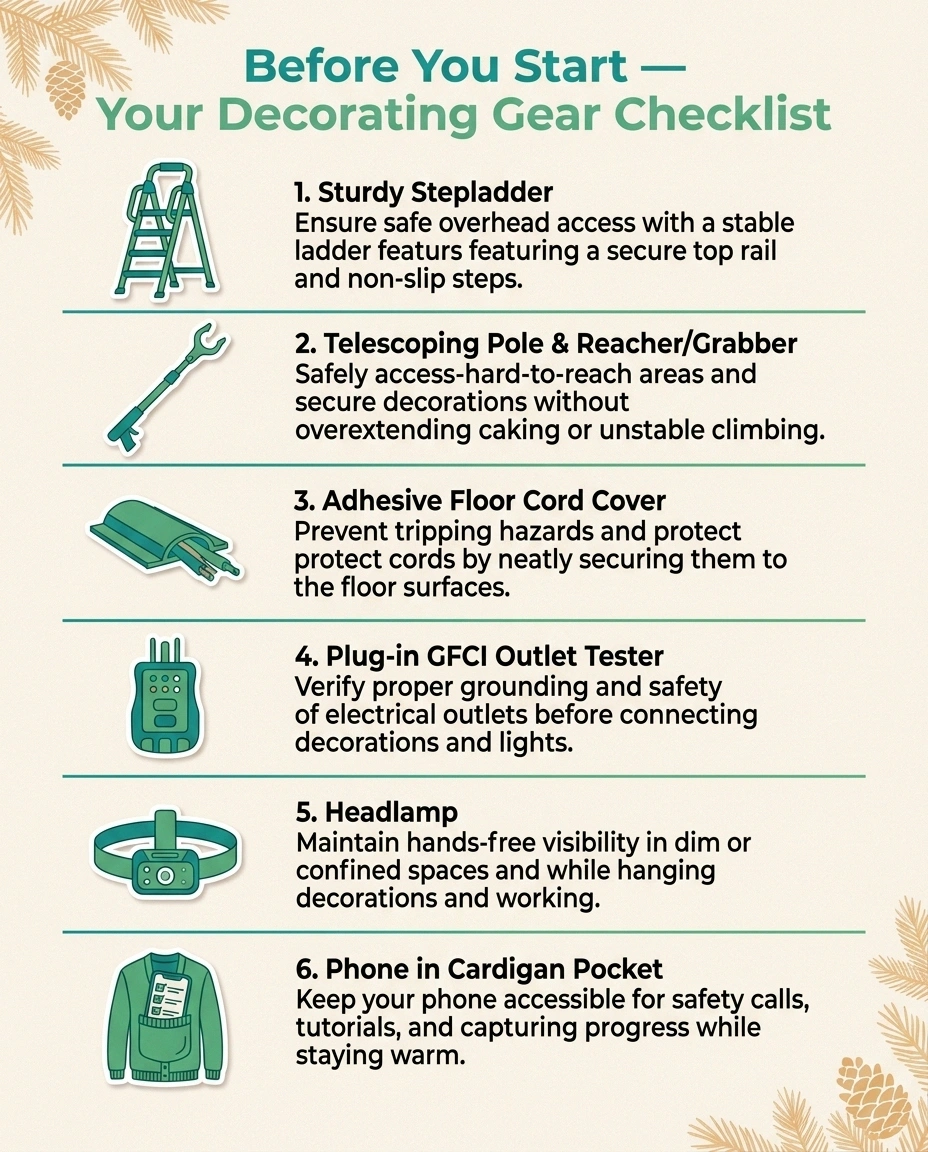 An infographic checklist of pre-decorating gear for people with neuropathy — stepladder with rail, telescoping pole and reacher, cord covers, GFCI tester, headlamp, and phone in pocket.