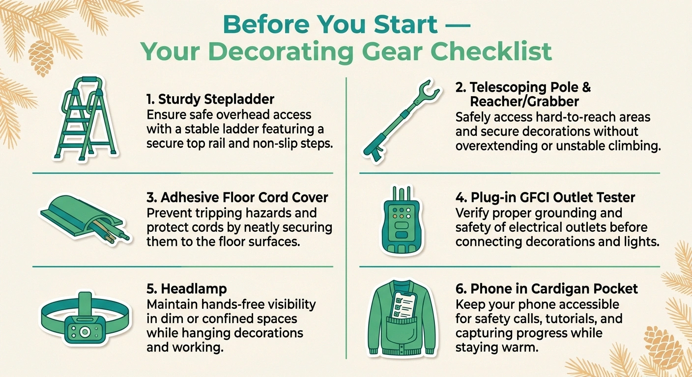 An infographic checklist of pre-decorating gear for people with neuropathy — stepladder with rail, telescoping pole and reacher, cord covers, GFCI tester, headlamp, and phone in pocket.