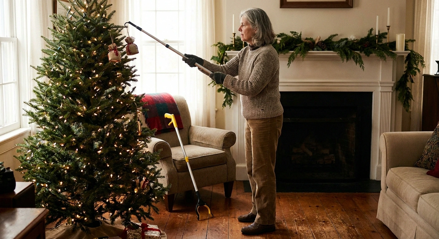 A mid-60s woman uses a telescoping pole with a hook to place an ornament near the top of a Christmas tree while both feet stay flat on the floor — the no-ladder alternative for neuropathy.