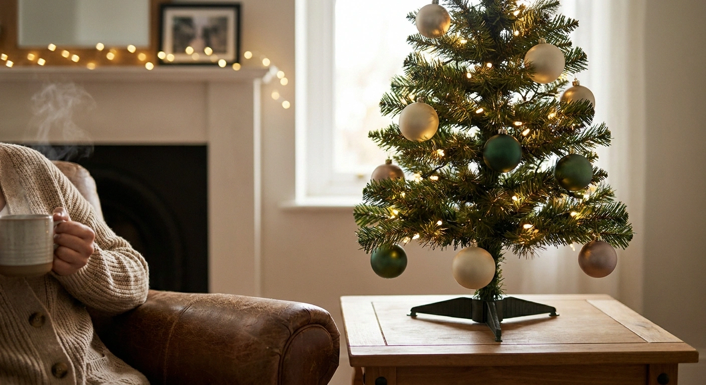 A three-foot lit tabletop Christmas tree on an end table at seated eye level, decorated with shatterproof ornaments — the accessible-first Christmas tree option for neuropathy.
