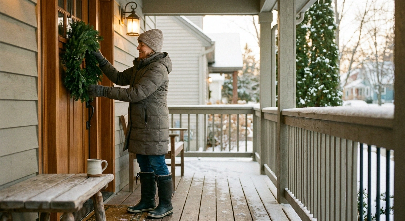 A mid-60s woman in an insulated coat, wool hat, and thick gloves places an evergreen wreath onto an eye-level hook on her front door — the accessible outdoor decorating approach for neuropathy.