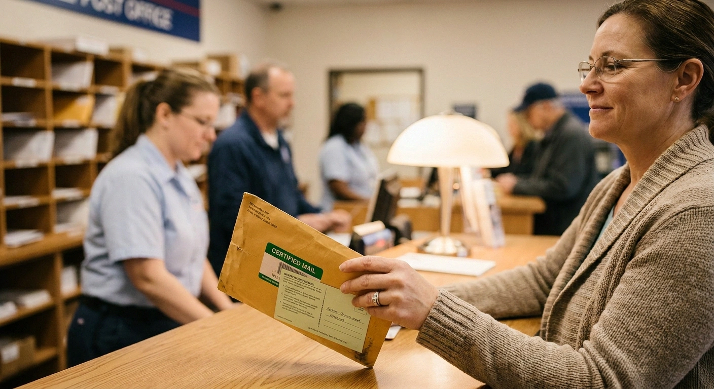 A mid-60s woman hands a manila envelope with a certified-mail sticker and green return-receipt slip to a postal clerk, sending her external-review request for a denied neuropathy treatment.