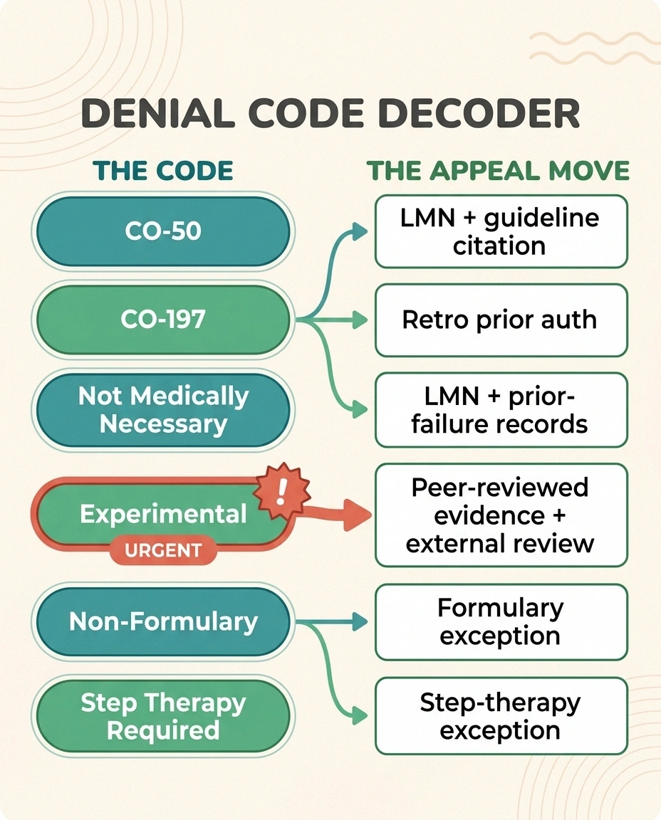 An infographic decoder pairing common insurance denial codes and reasons with the specific appeal move that clears each one, from CO-50 to step-therapy required.