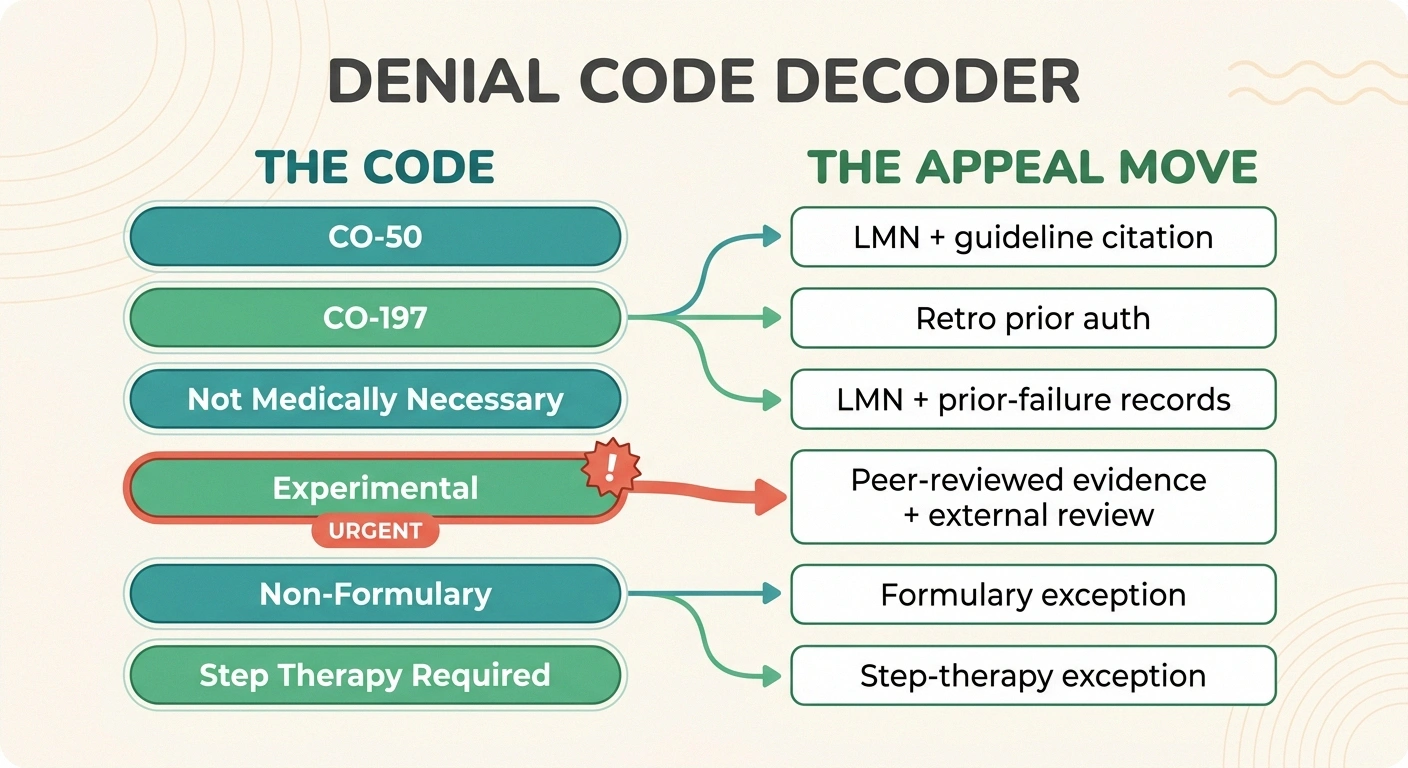 An infographic decoder pairing common insurance denial codes and reasons with the specific appeal move that clears each one, from CO-50 to step-therapy required.