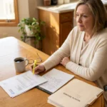 A woman in a cream cardigan sits at a kitchen table with a highlighter poised over an insurance denial letter, a legal pad and a folder of medical records beside her, starting the appeal.