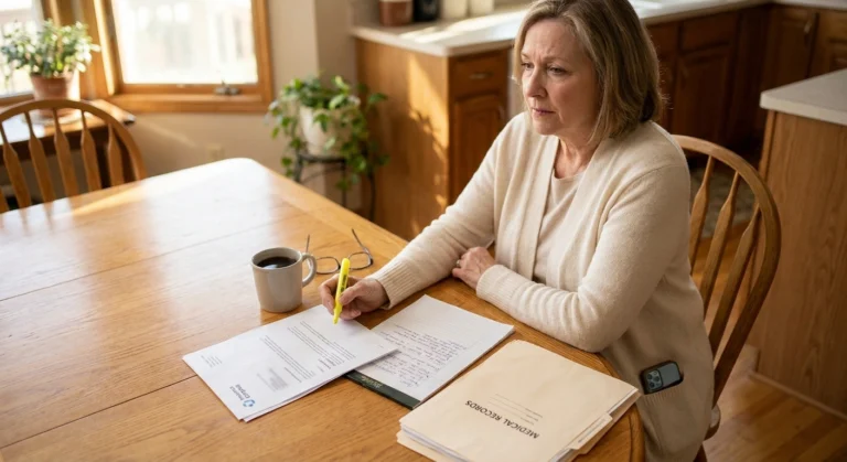 A woman in a cream cardigan sits at a kitchen table with a highlighter poised over an insurance denial letter, a legal pad and a folder of medical records beside her, starting the appeal.