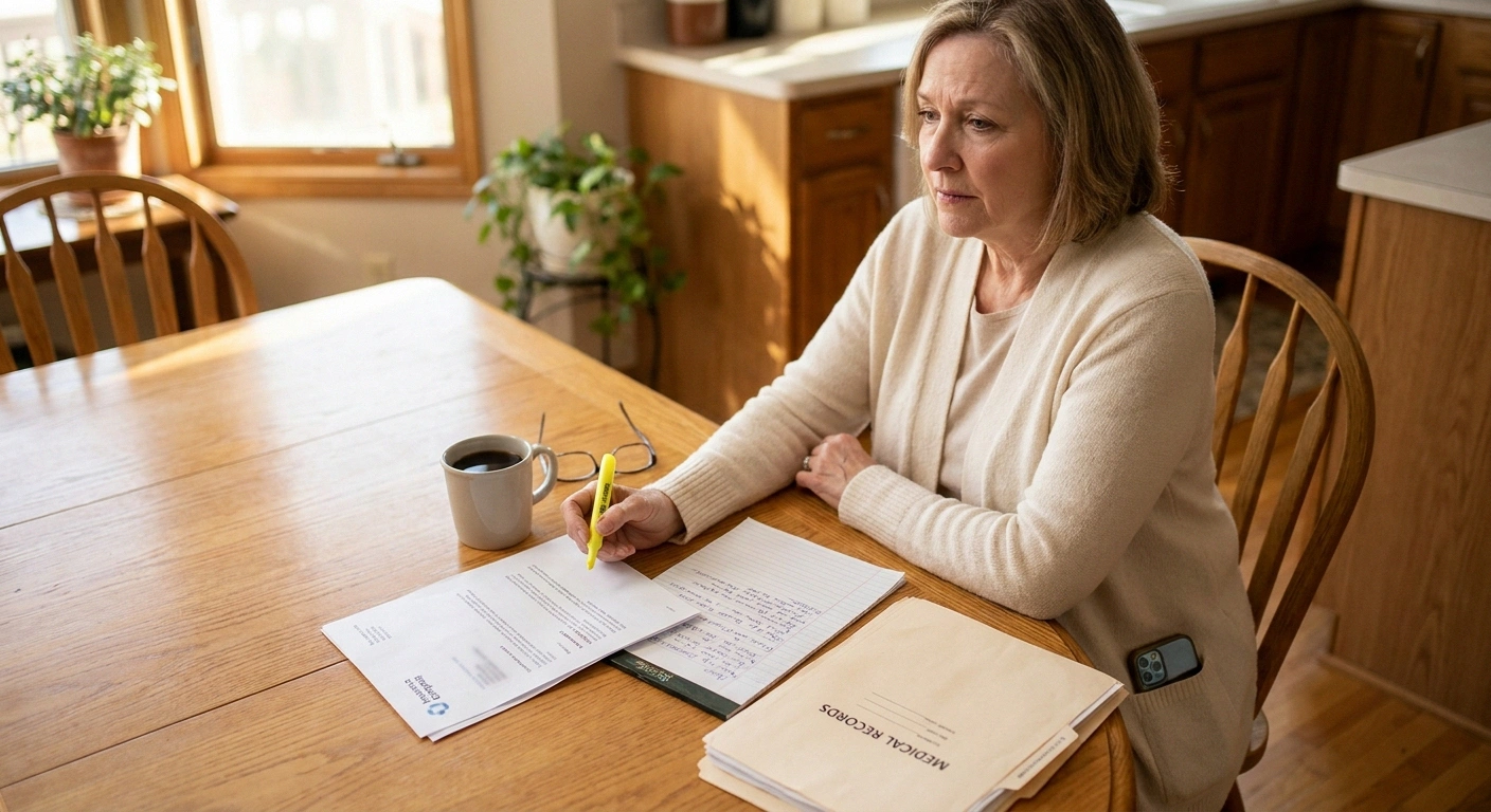 A woman in a cream cardigan sits at a kitchen table with a highlighter poised over an insurance denial letter, a legal pad and a folder of medical records beside her, starting the appeal.