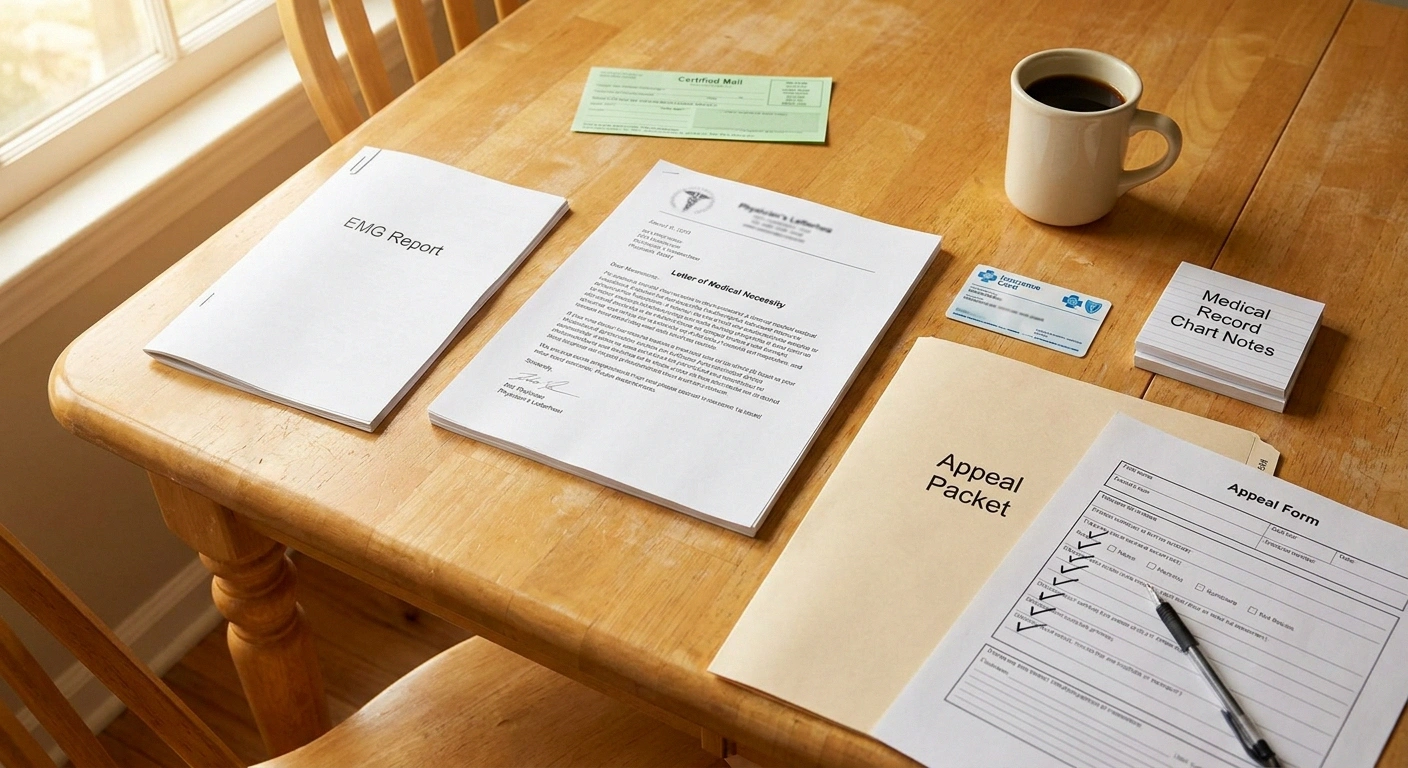 A kitchen-table view of a complete neuropathy insurance appeal packet: physician letter of medical necessity, EMG report, medical records, insurance card, appeal form, and certified-mail receipt.