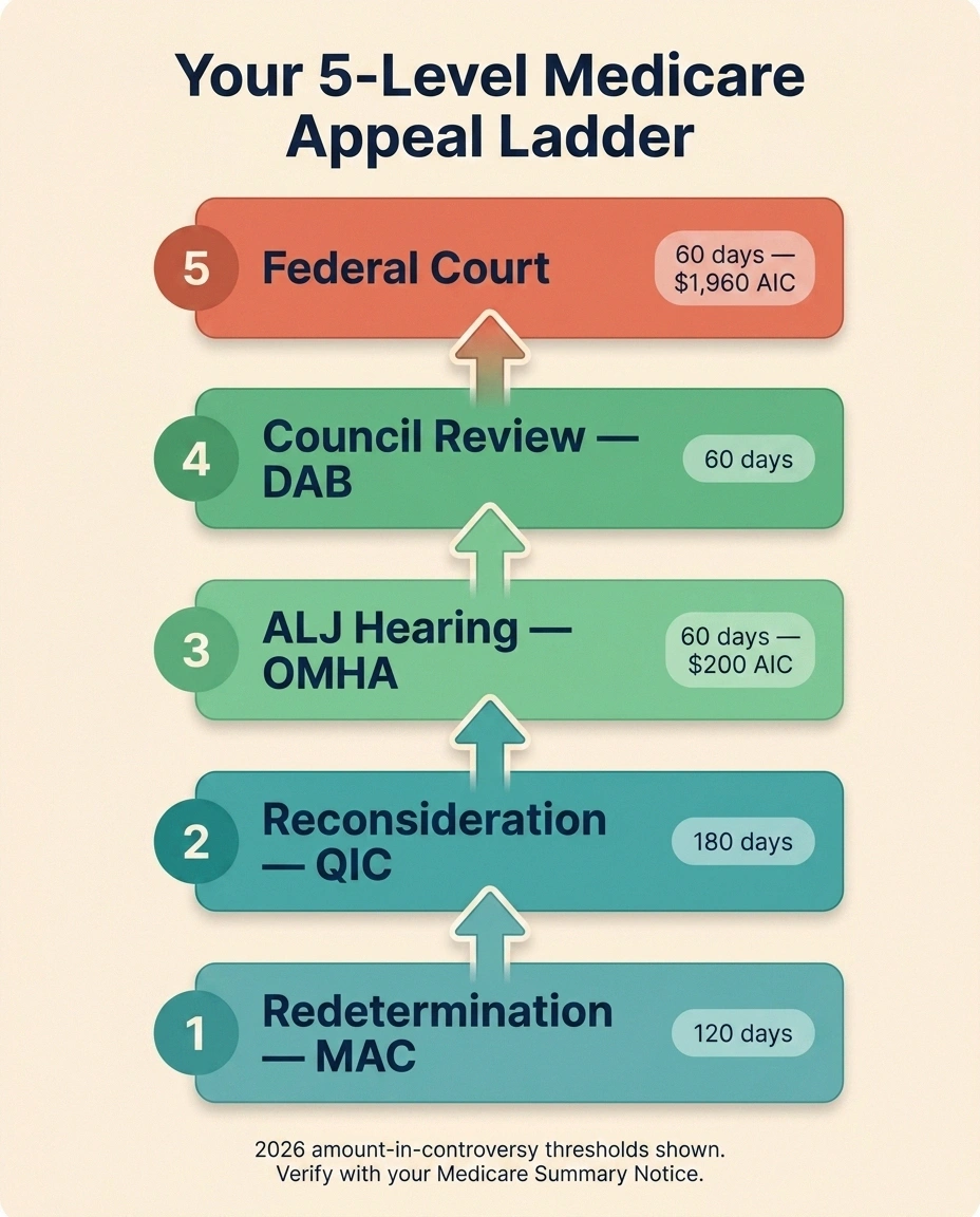 A vertical infographic showing all five levels of the Medicare appeal ladder from redetermination through federal court, with 2026 deadlines and amount-in-controversy thresholds at each step.