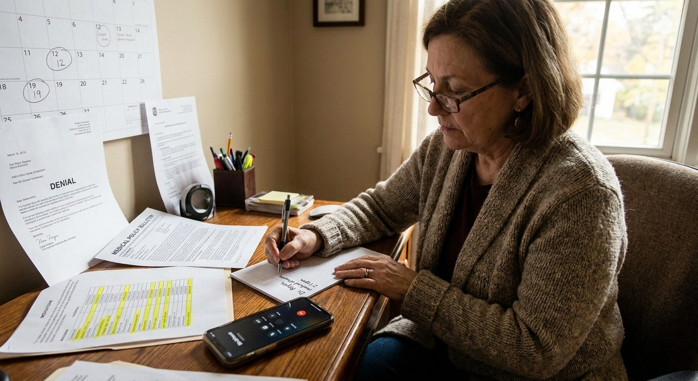 A mid-60s woman sits at a home-office desk taking notes on a legal pad while a peer-to-peer call plays on speakerphone, the plan's Medical Policy Bulletin open beside her.