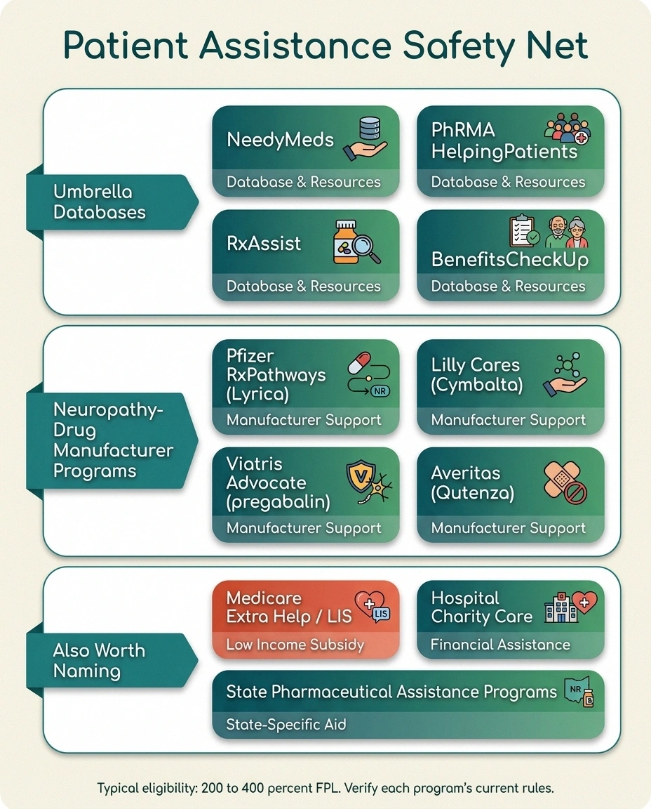 An infographic reference card of patient assistance program resources for neuropathy treatments, grouped by umbrella databases, manufacturer programs, and other safety-net options.