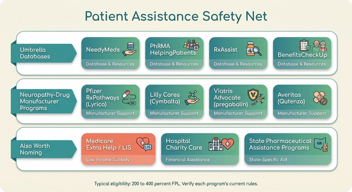 An infographic reference card of patient assistance program resources for neuropathy treatments, grouped by umbrella databases, manufacturer programs, and other safety-net options.