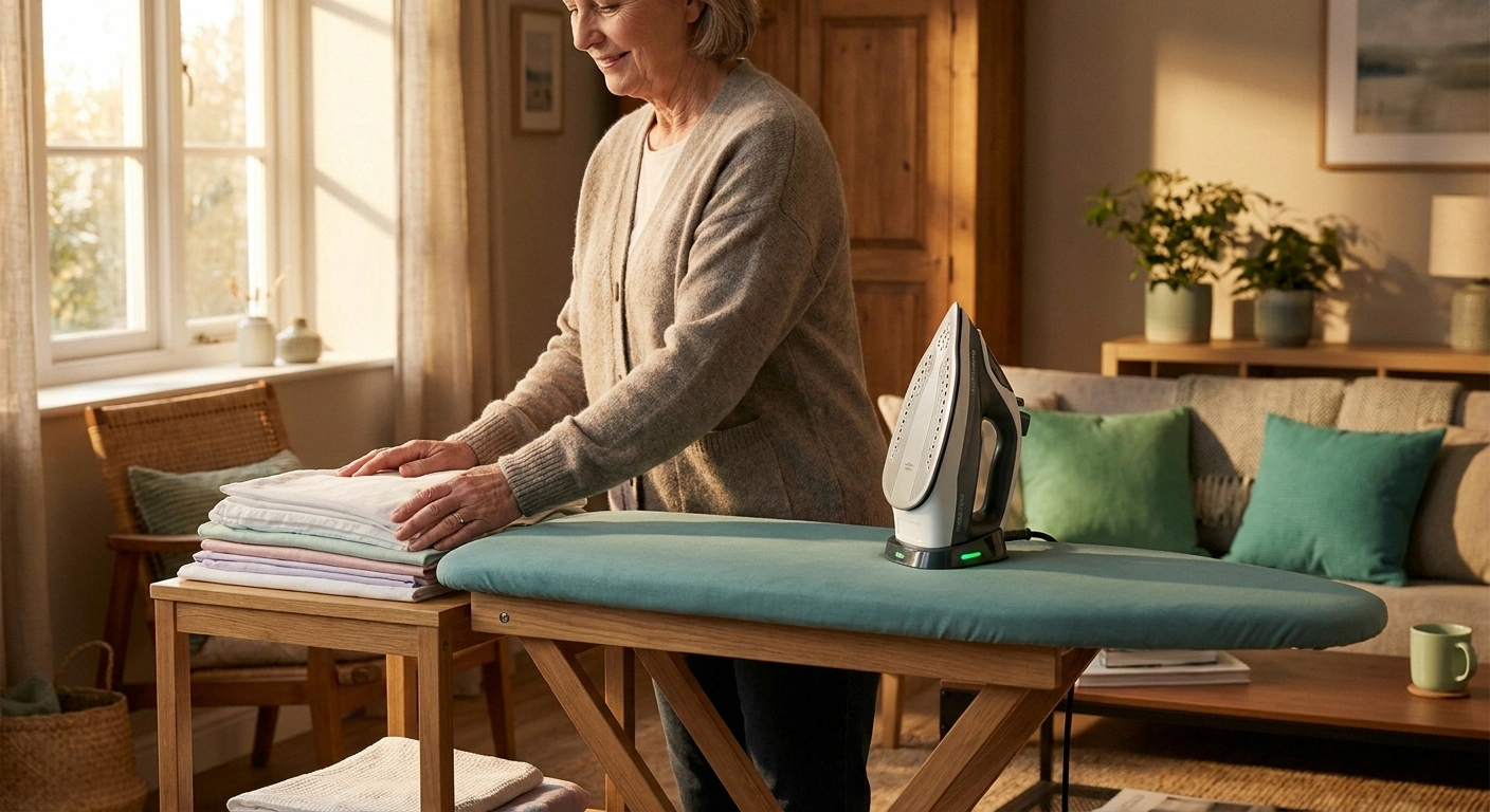 Older woman standing beside a neat stack of freshly pressed shirts with a cordless iron cooling on its dock in warm evening light.