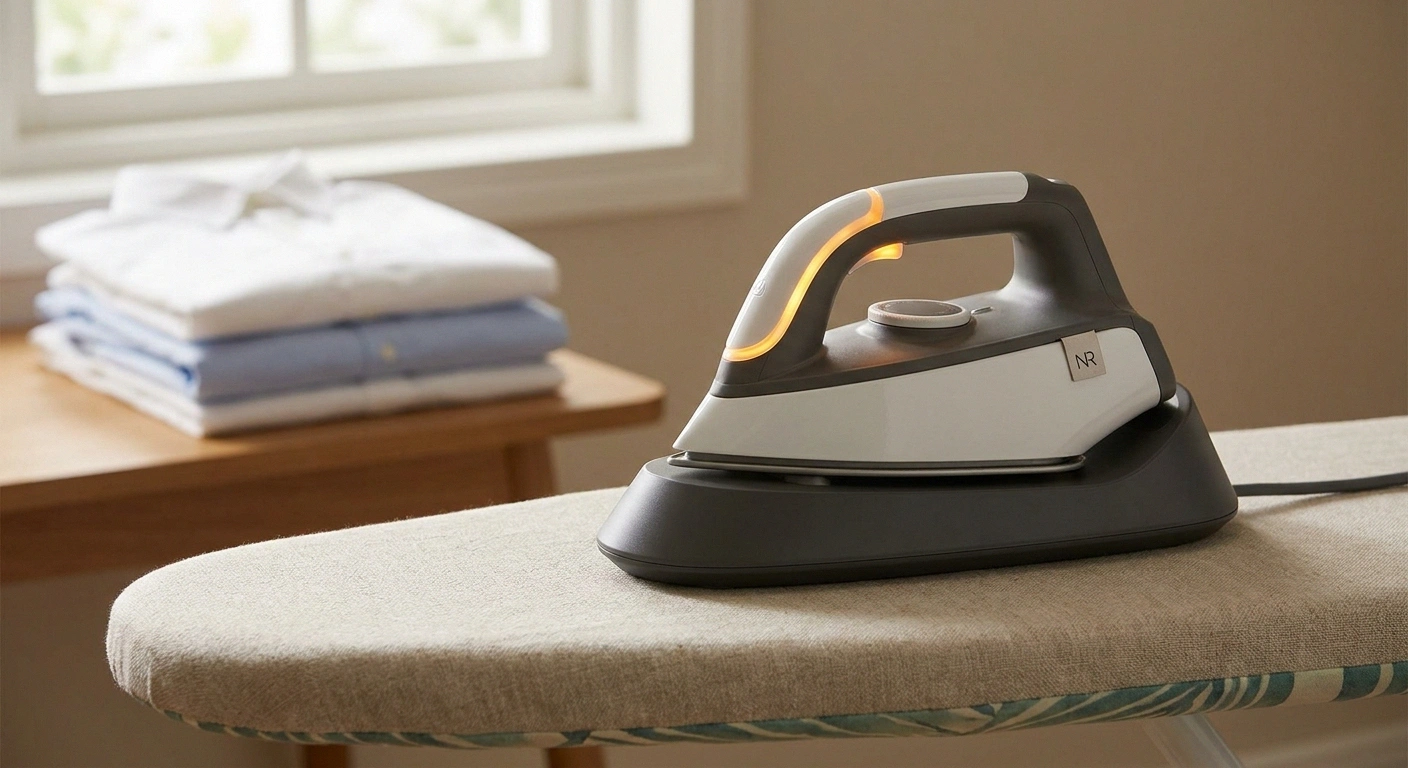 Modern cordless iron with ceramic soleplate resting securely on its heated dock, with folded shirts softly out of focus behind.