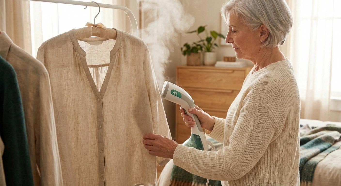 Older woman using a handheld garment steamer on a linen blouse hanging on a padded wooden hanger in soft daylight.