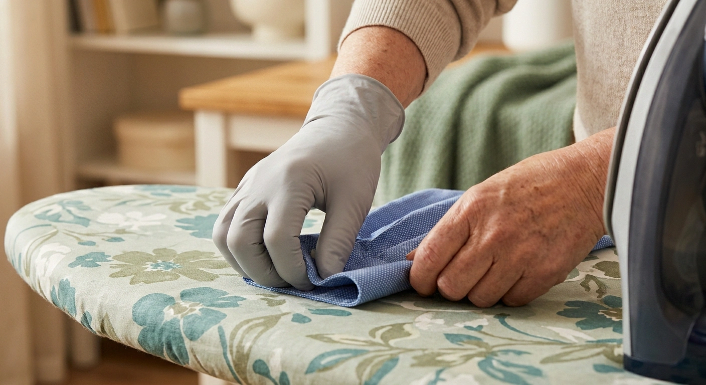 Close-up of an older woman's gloved hand guiding a shirt cuff under an iron, wearing a thin heat-resistant styling glove.