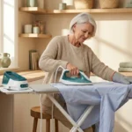 Older woman ironing a cotton shirt seated at an adjustable board with a cordless iron and dock in a bright home space.