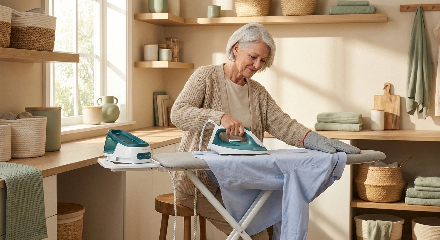 Older woman ironing a cotton shirt seated at an adjustable board with a cordless iron and dock in a bright home space.