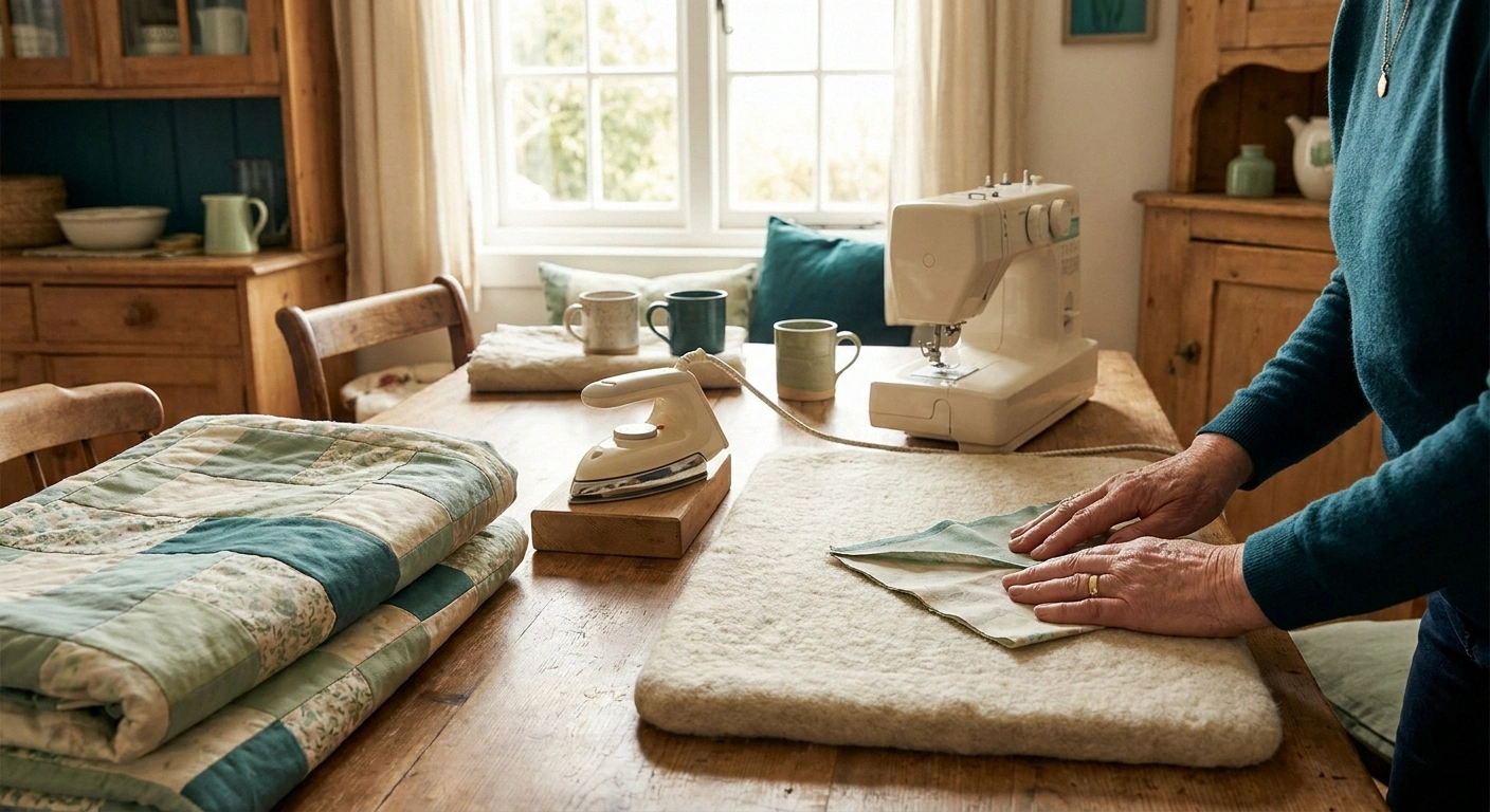 Quilter's workstation with a small lightweight iron on a wool pressing mat beside a sewing machine and stack of quilt blocks.