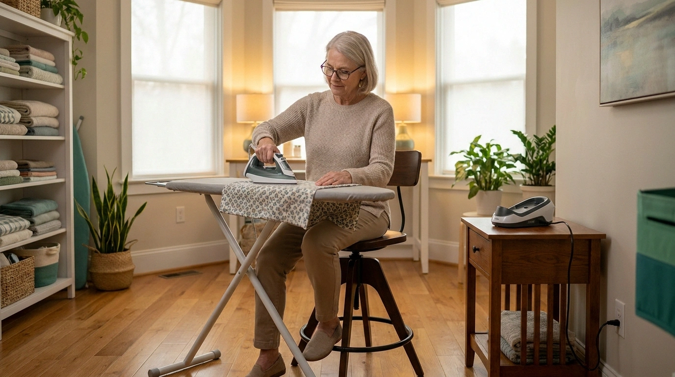 Older woman seated on a stool at a low adjustable ironing board with cordless iron docked beside her, clear floor around the chair.