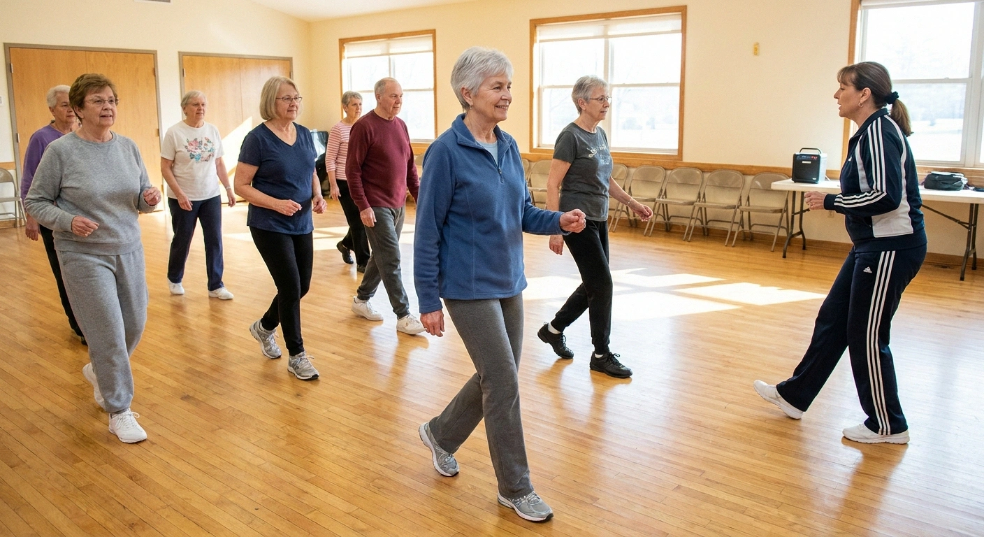 A senior center line-dance class in progress with a row of older adults moving together in a simple step, well-lit wood floor, chairs available for rest.