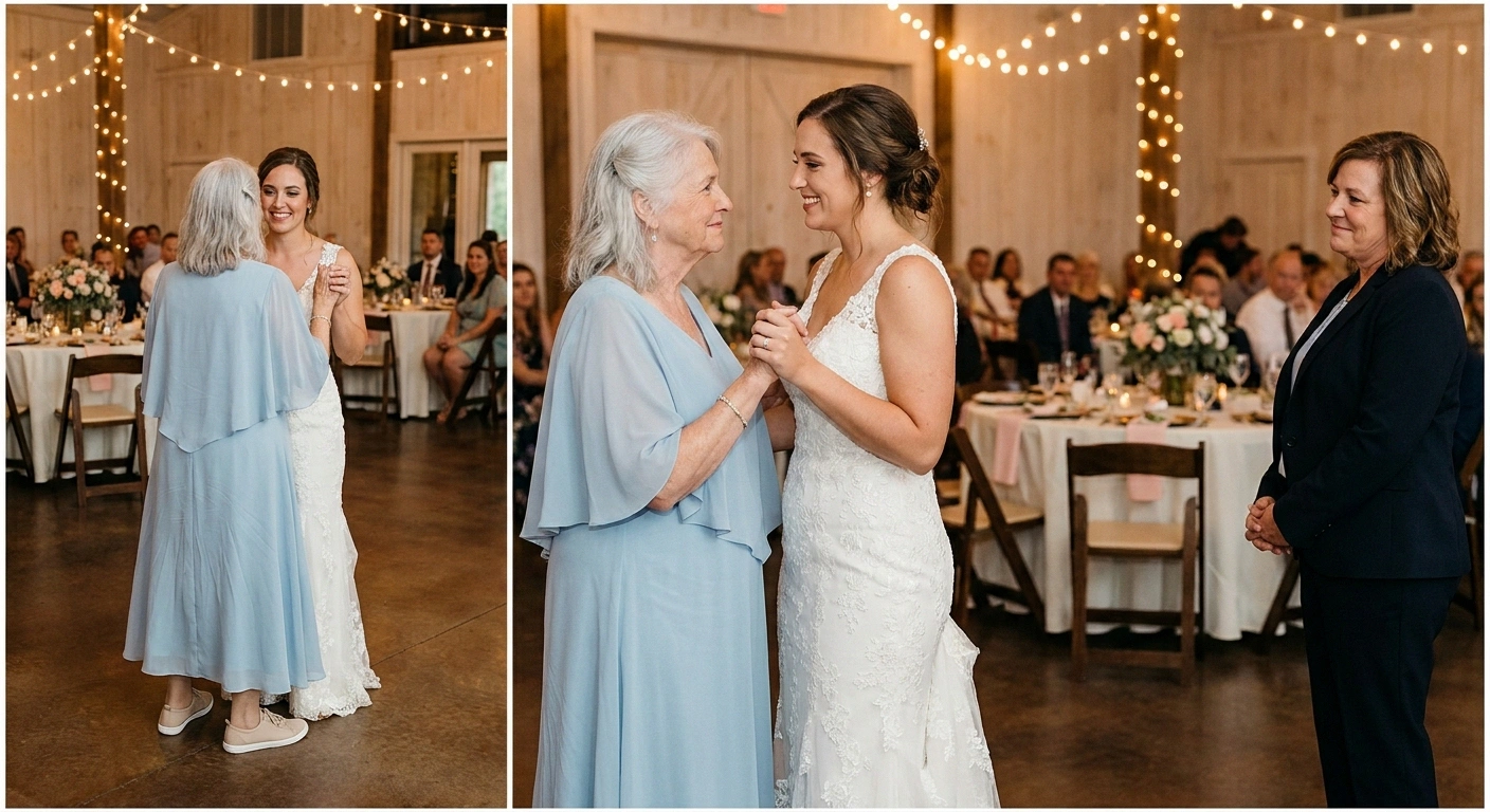 An older woman in dance sneakers slow-dancing with her adult granddaughter in a wedding dress at an indoor wedding reception, both smiling warmly.