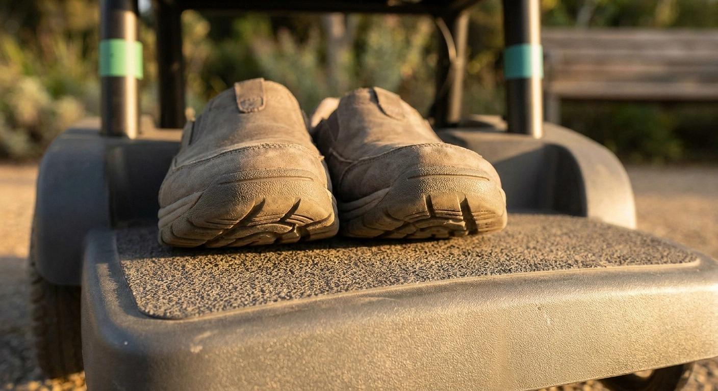 Close-up of an older adult's supportive shoes resting flat on the foot deck of a mobility scooter.