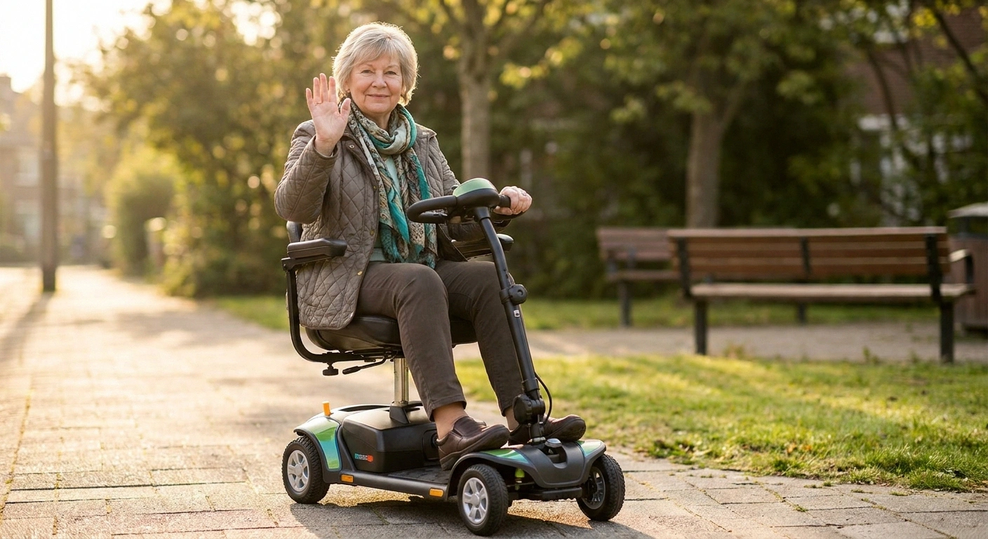 Older woman riding a four-wheel mobility scooter confidently on a neighborhood sidewalk in warm morning light.