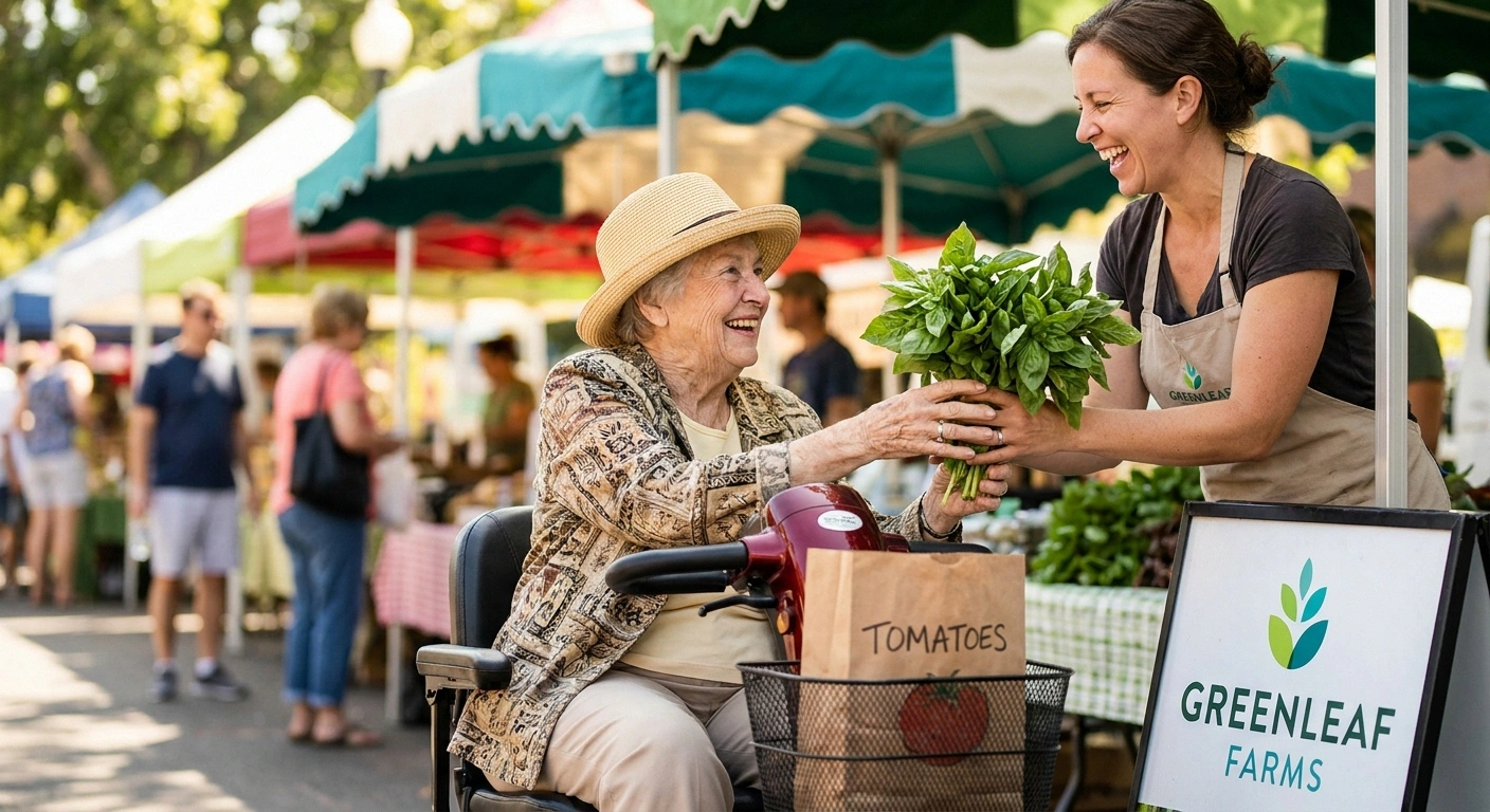 Older woman on a mobility scooter chatting with a stallholder at a sunny outdoor farmer's market.