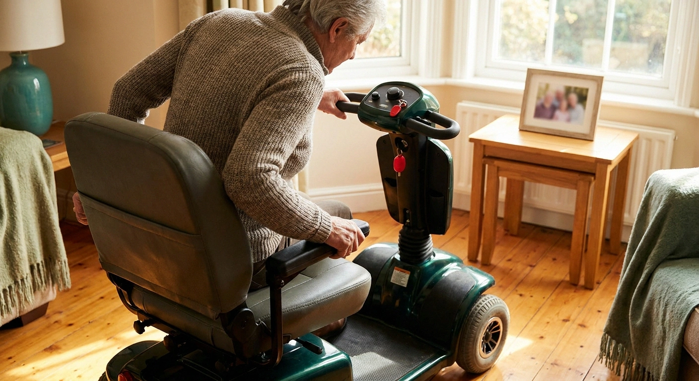 Older adult carefully sitting down onto a parked mobility scooter with one hand on the tiller and one on the seat back.