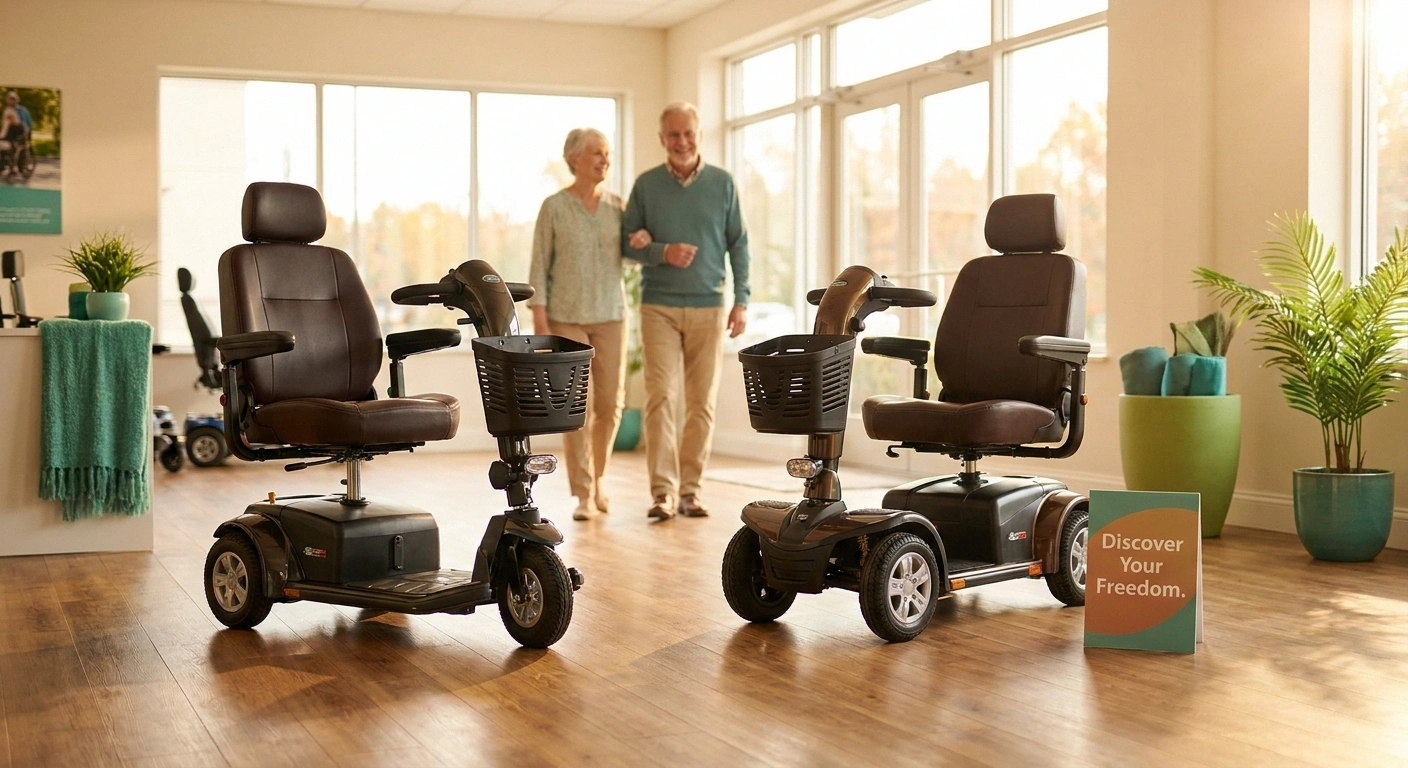 A three-wheel and a four-wheel mobility scooter shown side by side in a warm, sunlit medical-equipment showroom.