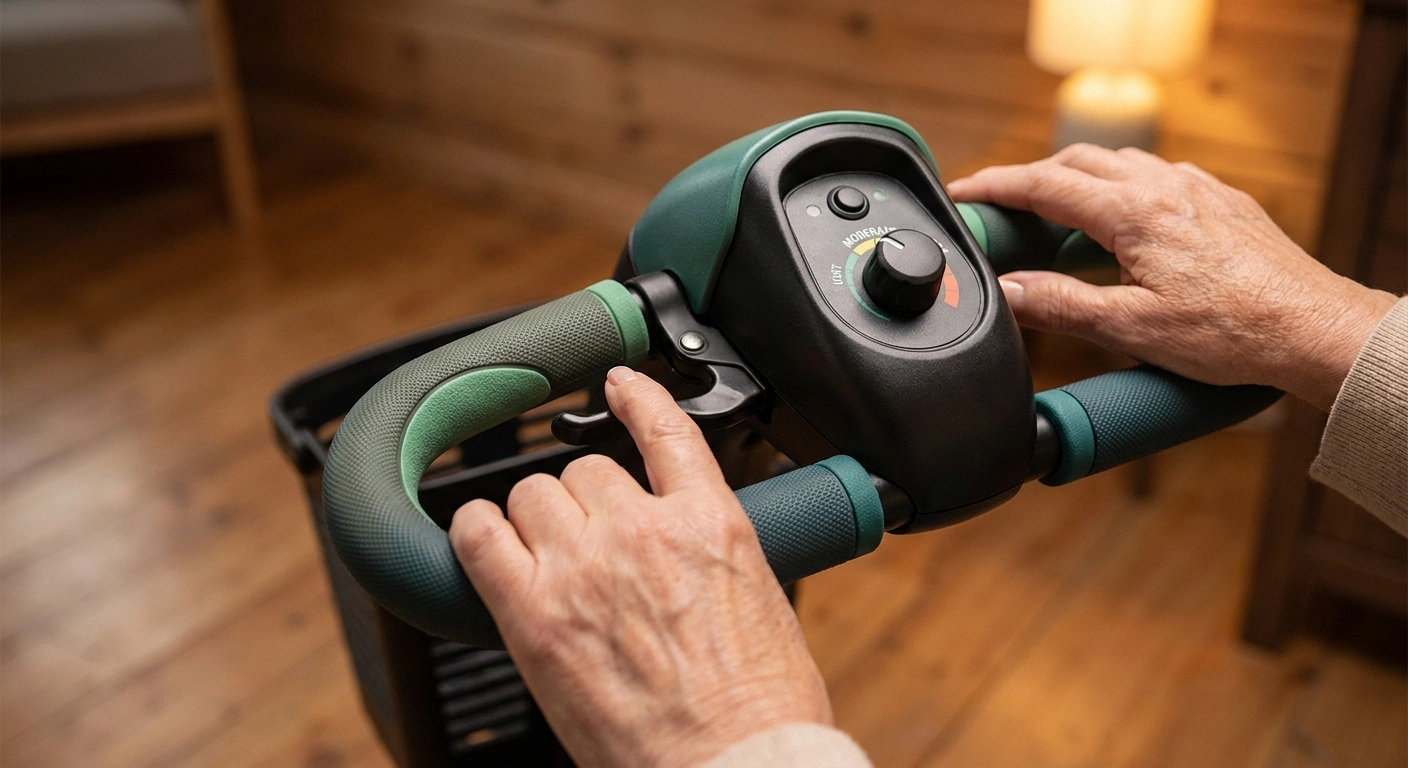 Close-up of an older adult's hands on a mobility scooter tiller with a finger-lever throttle and visible speed dial.