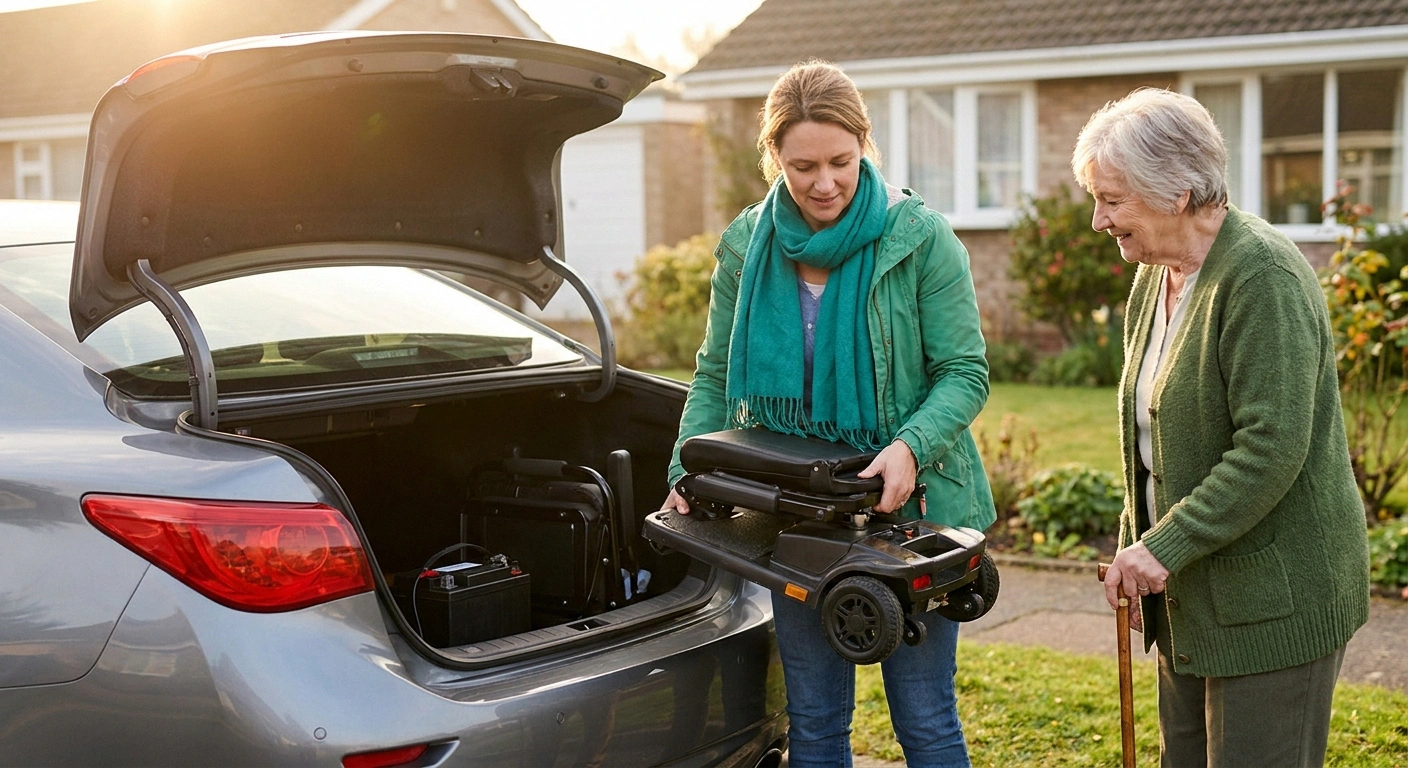 Adult daughter loading a disassembled travel mobility scooter into a car trunk while her older mother watches.