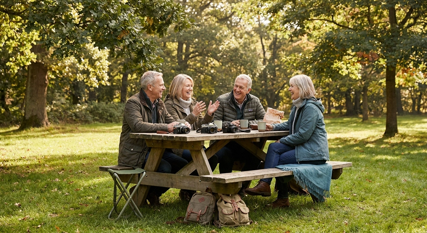 Four adults in their fifties and sixties laughing over coffee at a park picnic table with their cameras set down in front of them.