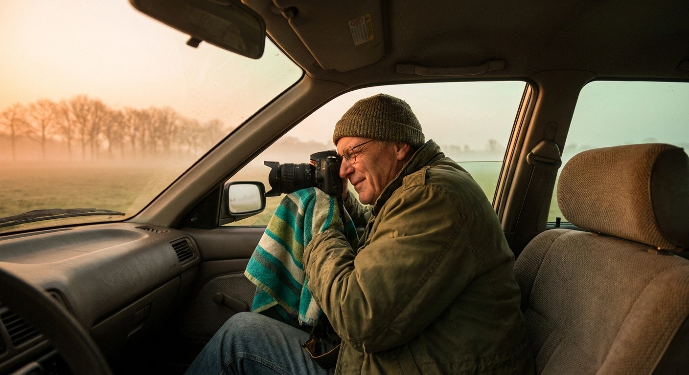 Man in his sixties photographing a misty field at dawn with his camera resting on a rolled towel across a lowered car window.