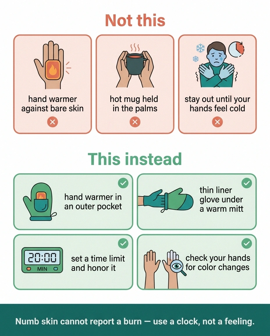 Two-column safety infographic contrasting unsafe hand-warming practices with safer alternatives for numb hands in cold weather.