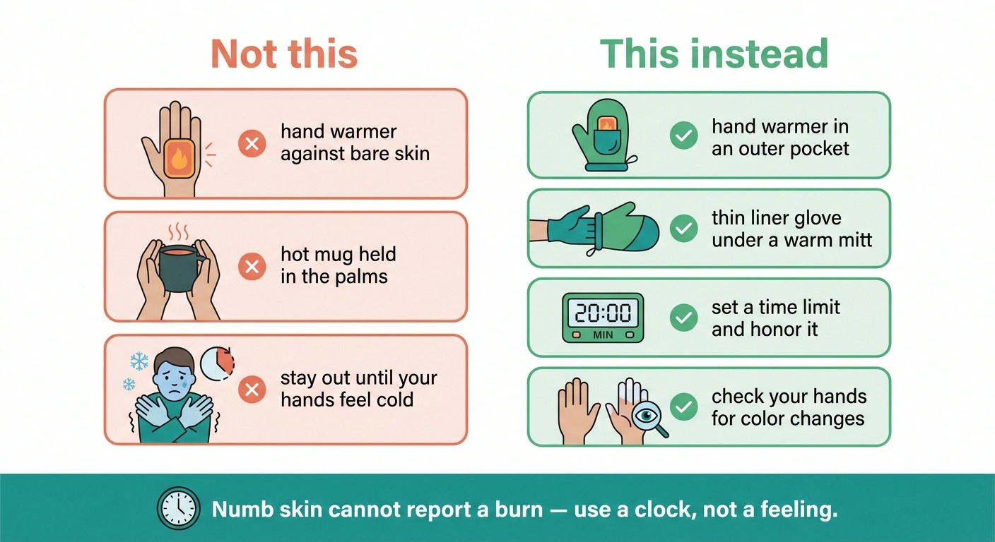 Two-column safety infographic contrasting unsafe hand-warming practices with safer alternatives for numb hands in cold weather.