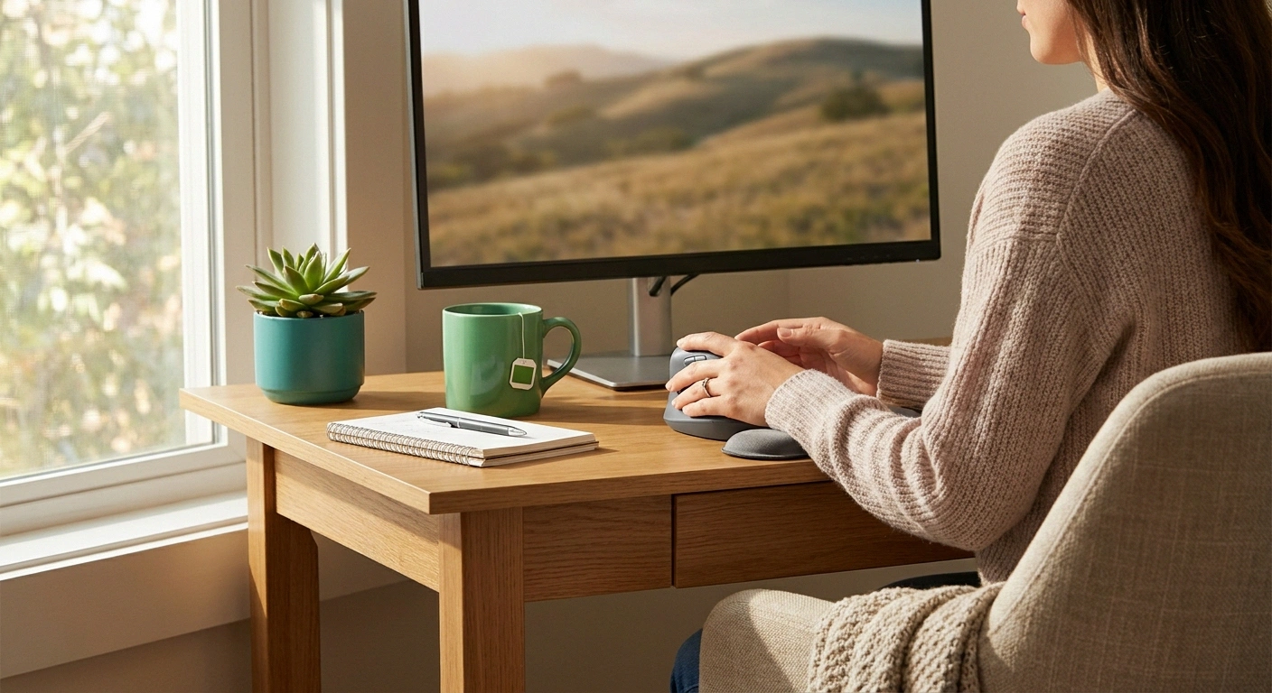 Home editing desk with a supported forearm resting on the surface and a vertical mouse in use beside a monitor showing a landscape photo.