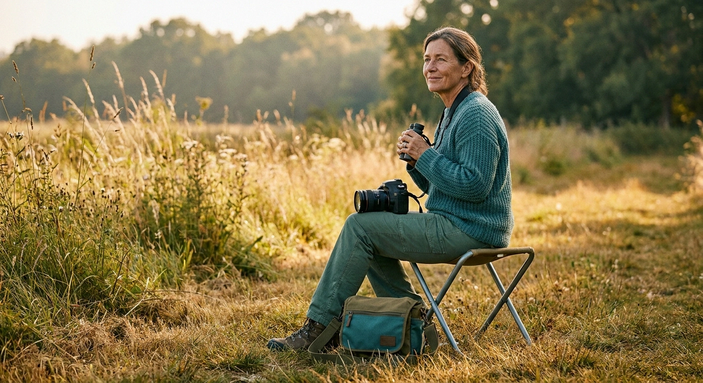 Woman in her fifties seated on a lightweight folding stool at the edge of a meadow with her camera resting in her lap.