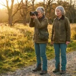 Woman in her sixties standing with feet planted on a gravel path, camera raised to her eye in warm golden-hour light.