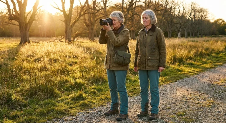 Woman in her sixties standing with feet planted on a gravel path, camera raised to her eye in warm golden-hour light.