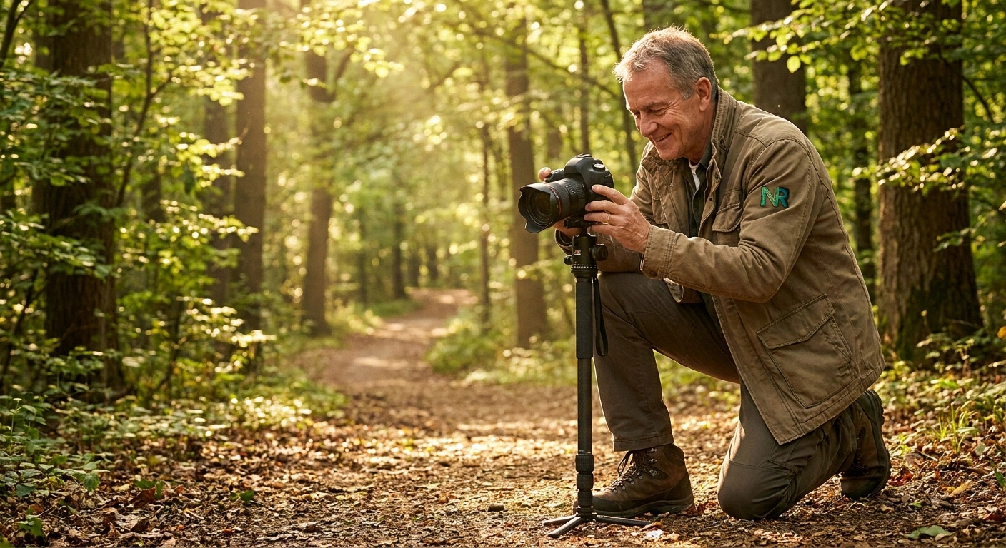 Man in his sixties on a woodland trail steadying his camera on a monopod planted firmly beside his foot.