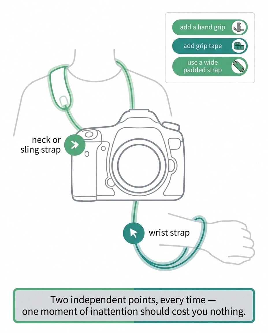 Infographic showing a camera tethered at two points with a wrist strap and a sling strap, alongside grip accessory suggestions.