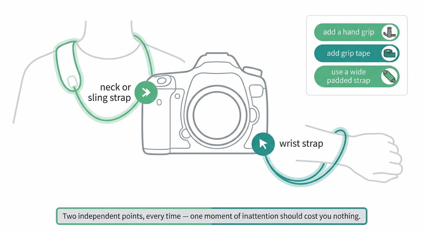 Infographic showing a camera tethered at two points with a wrist strap and a sling strap, alongside grip accessory suggestions.