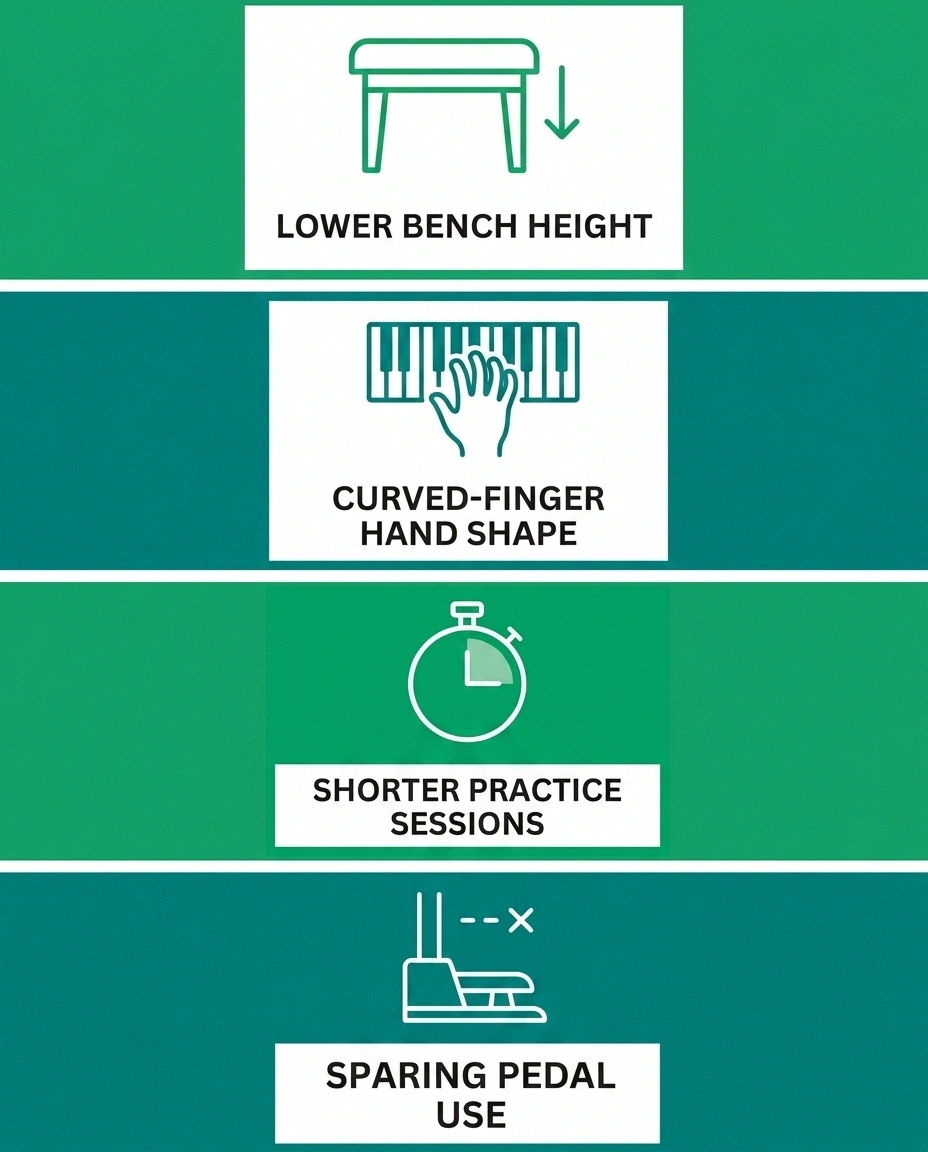 Infographic checklist of adaptive piano technique changes for hand neuropathy