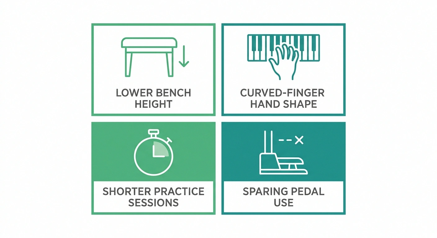 Infographic checklist of adaptive piano technique changes for hand neuropathy