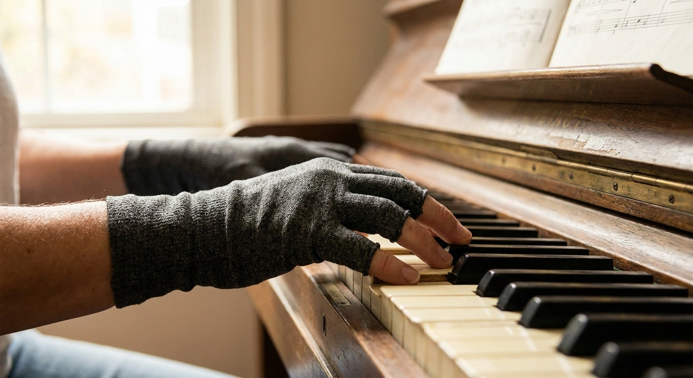 Hands wearing fingerless compression gloves on piano keys for neuropathy warmth