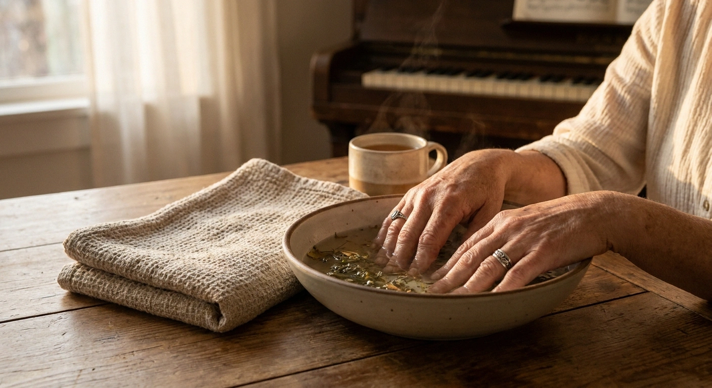 Hands soaking in warm water as self-care for neuropathy on a piano practice rest day