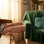 Senior hands playing piano at home in warm natural light, neuropathy and piano adaptation