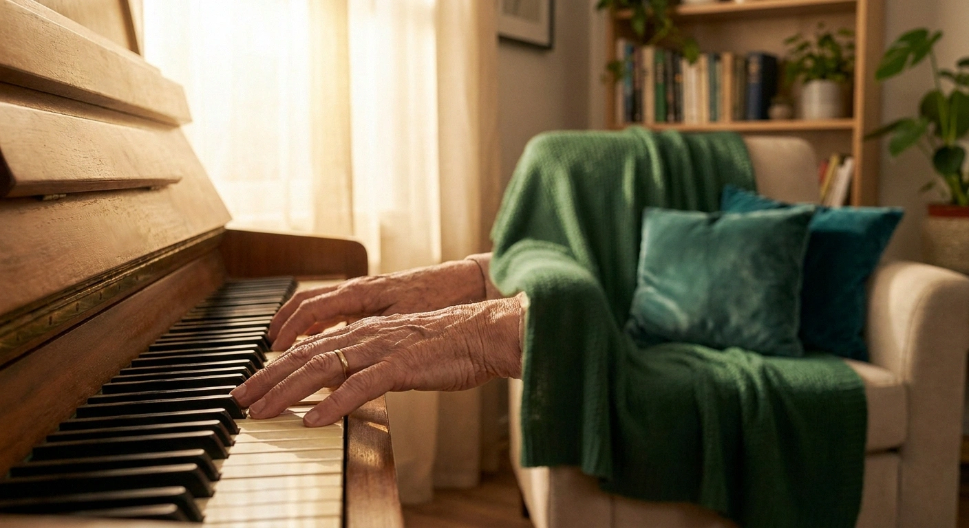 Senior hands playing piano at home in warm natural light, neuropathy and piano adaptation